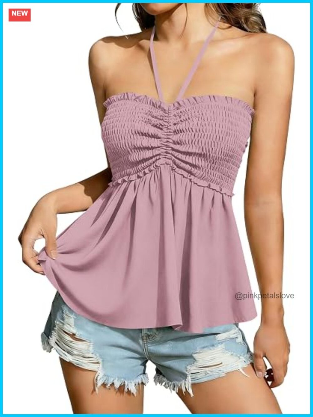Women's Halter Peplum Tank Top - Smocked, Adjustable Straps, Lightweight